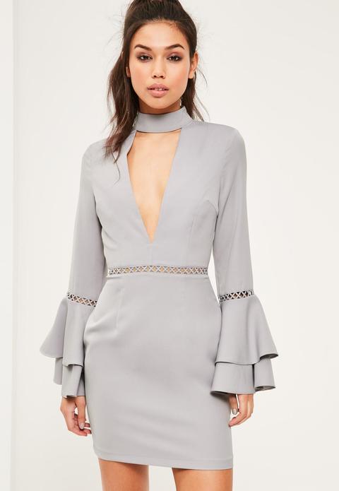 Grey Crepe Ladder Detail Flared Sleeve Bodycon Dress