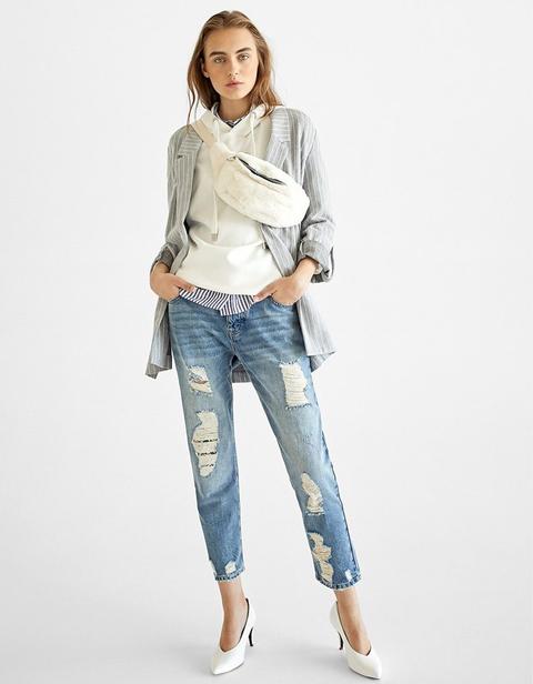 Pantalone Boyfriend Con Toppe Ricamate Jeans Medio