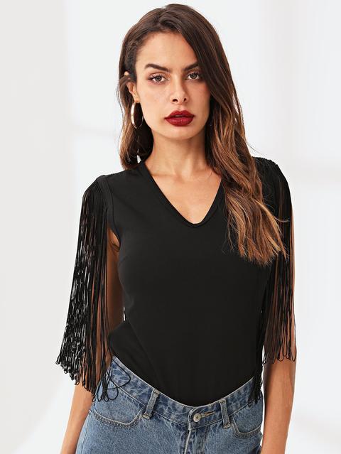 T-shirt Con Scollo A V Con Bordi A Frange
