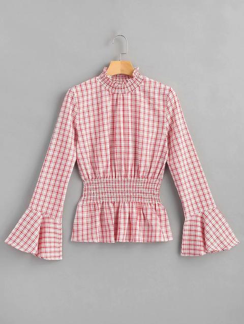 Plaid Seersucher Top Con Manica Con Volant Checked