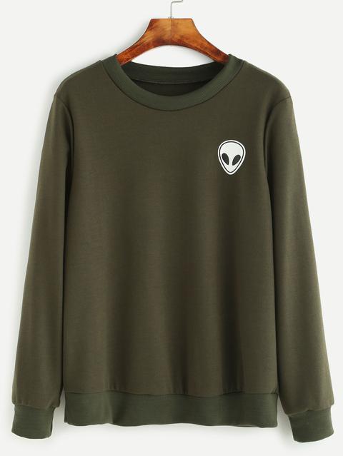 Army Green Alien Print Sweatshirt