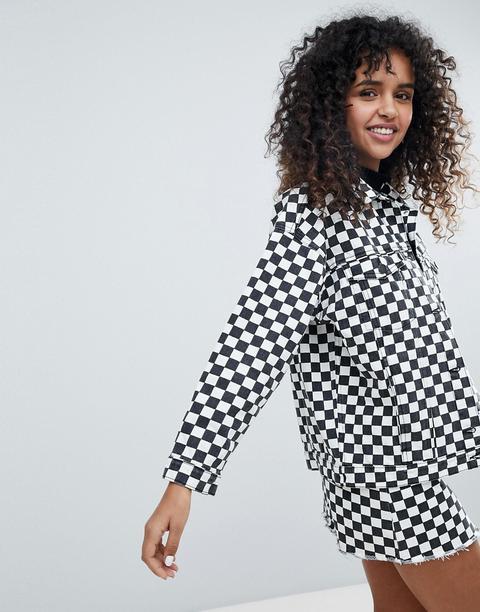 Monki Checker Board Denim Jacket - Black White Checks