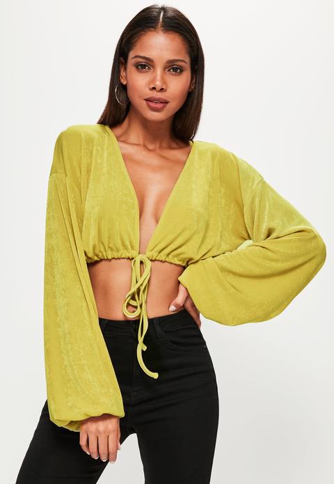 Yellow Drawstring Hem Blouson Sleeve Crop Top