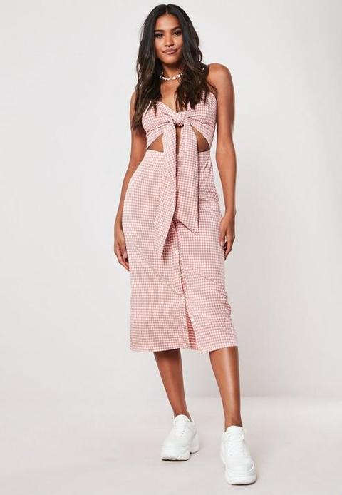 Mauve Gingham Tie Front Midi Dress, Mauve