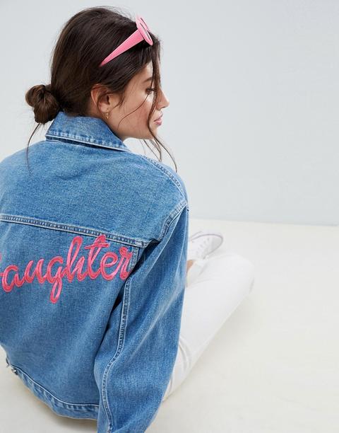 "asos Design - Giacca Di Jeans Oversize Blu Lavaggio Medio Con Scritta "daughter" - Blu