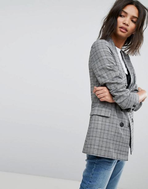 Stradivarius - Blazer Doppiopetto A Quadri - Grigio