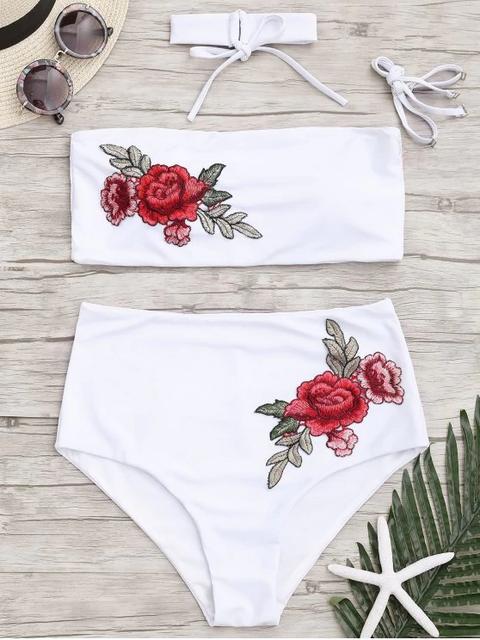 Bandeau Floral Applique Bikini De Alta Cintura White Army Green Black