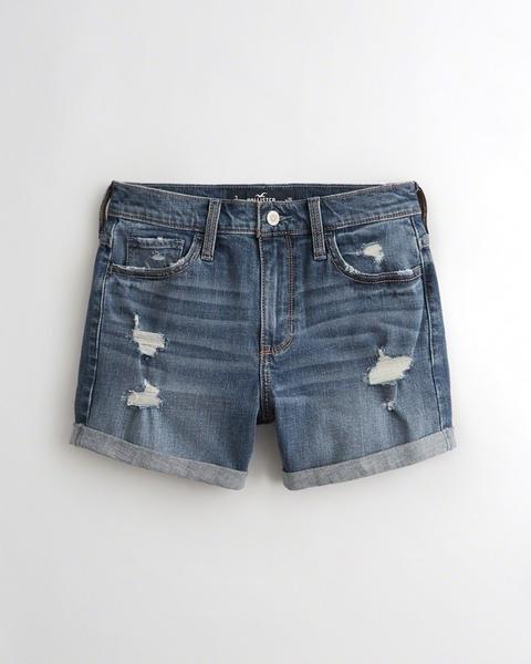 Shorts A Media Pierna De Denim Elástico Y Tiro Alto