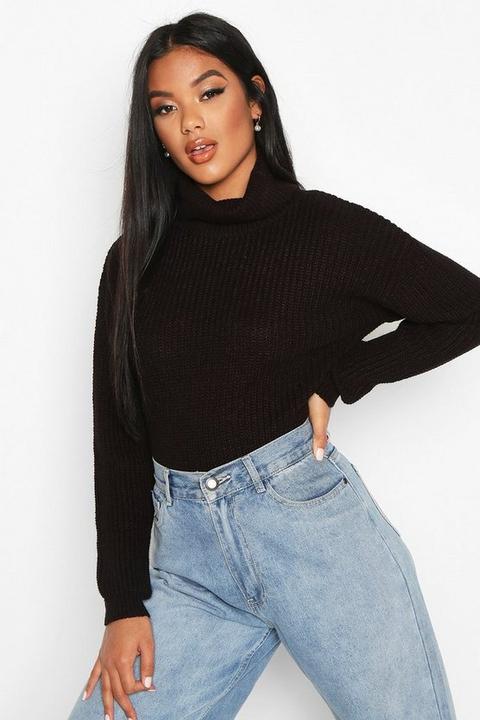 Womens Cropped Fisherman Roll Neck Jumper - Black - S, Black