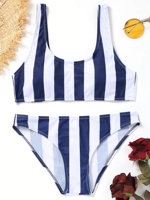 Bikini A Strisce Con Scollo Rotondo Blue And White