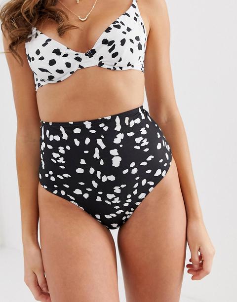 Asos Design Recycled Mix And Match High Waist Bikini Bottom In Black Dalmatian Spot Print-multi
