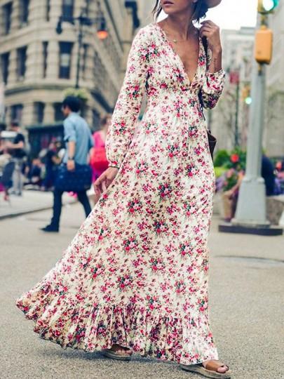 Bohemio Multicolor Con Estampado Floral De Volantes Profundo Con Cuello En V Hasta El Suelo Vestido Largo Boho