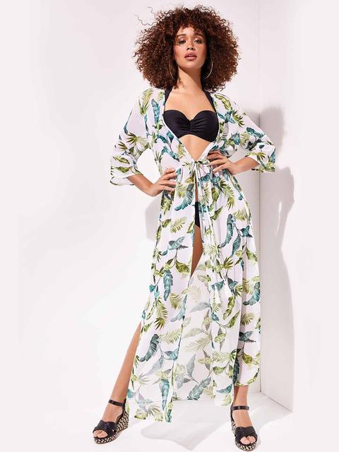 Womens White Palm Maxi Kaftan