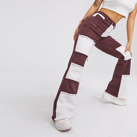 High Waist Colourblock Flare Leg Jeans