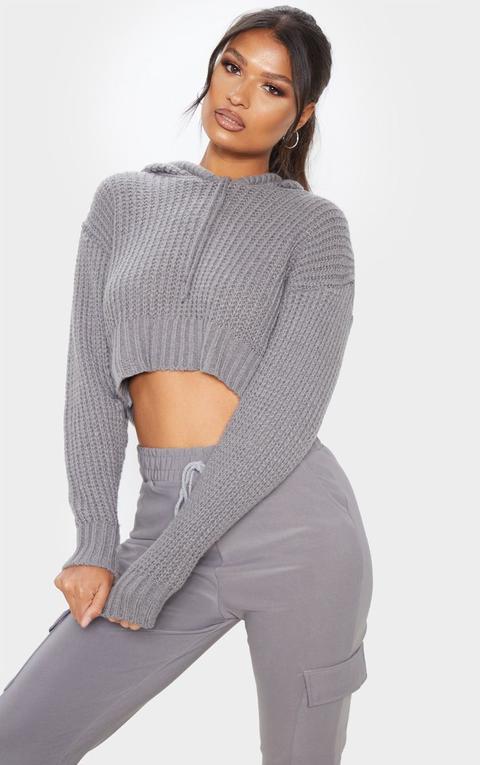 Grey Knitted Cropped Hoodie