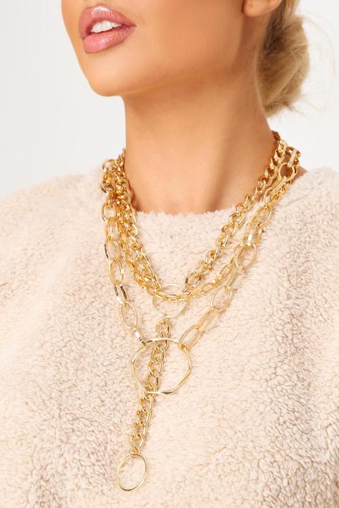 Gold Multi Chunky Chain Necklace , Metallic