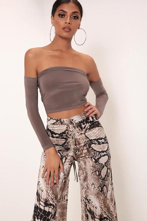 Brown Snake Print Wide Leg Satin Trousers