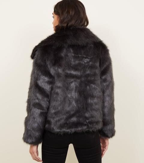 Dark Grey Collared Faux Fur Jacket New 