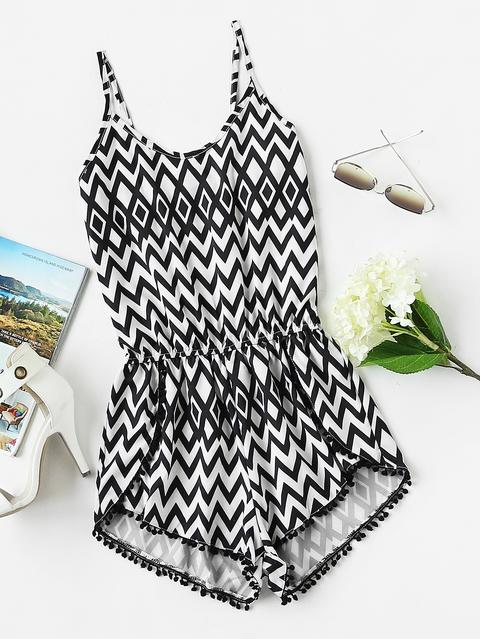 Chevron Print Pom Pom Trim Cami Romper