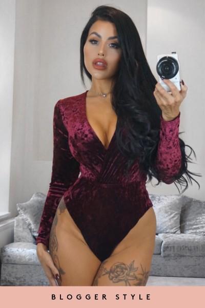 Krista Wine Wrap Front Velvet Bodysuit