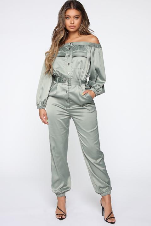 Candace Satin Utility Jumpsuit - Sage