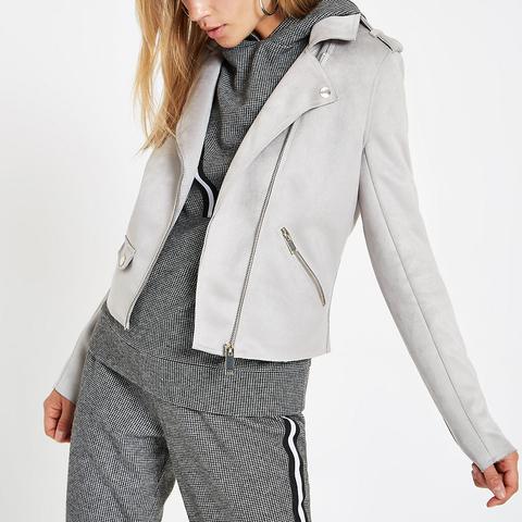 Light Grey Faux Suede Biker Jacket