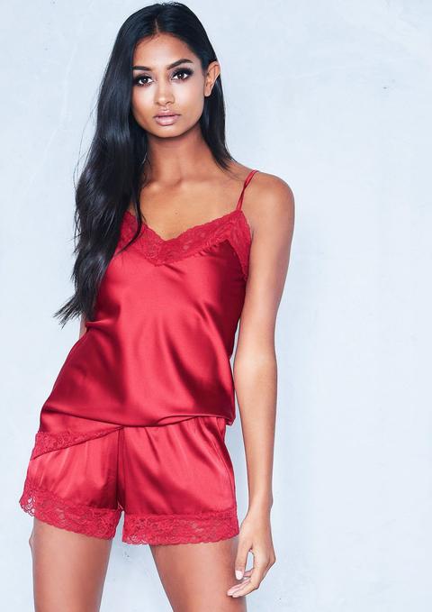 Michelle Red Silk Lace Trim Pyjama Shorts Set