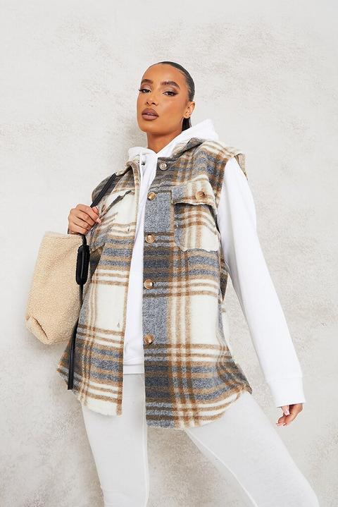 Stone Check Gilet Shacket , Beige