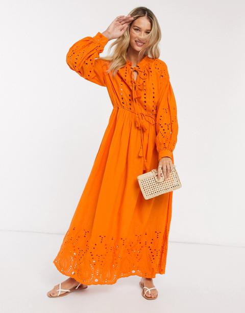 Y.a.s Broderie Maxi Dress With Tie Neck And Waist In Orange