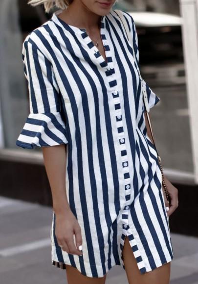 Blue-white Striped Irregular Single Breasted V-neck Elbow Sleeve Blouse