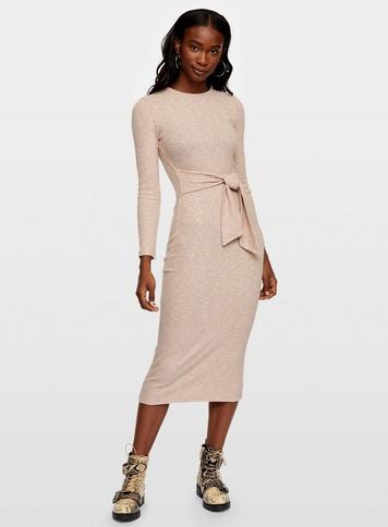 Womens Camel Tie Waist Ribbed Midi Dress, Camel