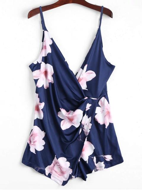 Plunging Neck Floral Cami Draped Romper