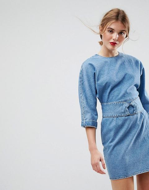 Asos Denim - Vestito Di Jeans Con Cintura E Anello Blu Medio Slavato - Blu