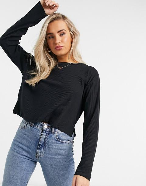 Camiseta Negra Holgada De Manga Larga De Canalé Escalonado De Asos Design-negro