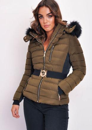 khaki puffer jacket with faux fur hood