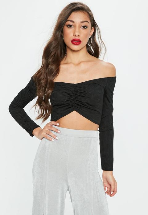 Black Slinky Ribbed Crop Top, Black