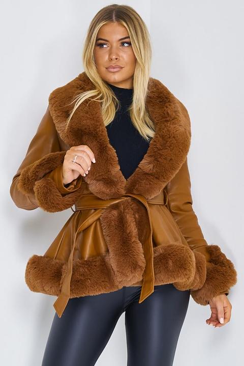 Camel Pu Faux Leather Fur Trim, Leather Belted Fur Trim Coat