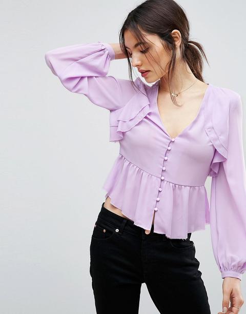 Blusa Con Cuello En V, Volante En La Parte Delantera Y Bajo Escalonado De Asos