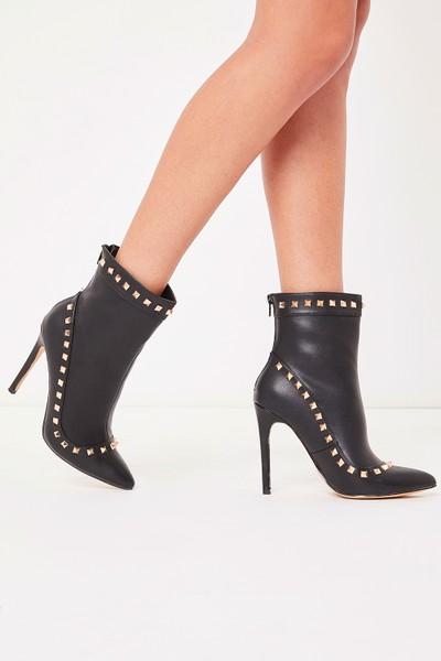 Suzanne Black Pu Studded Heeled Ankle Boots