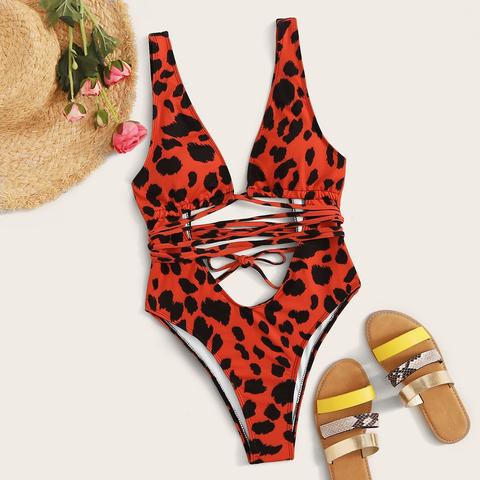 Leopard Plunge Neck One Piece Swimsuit