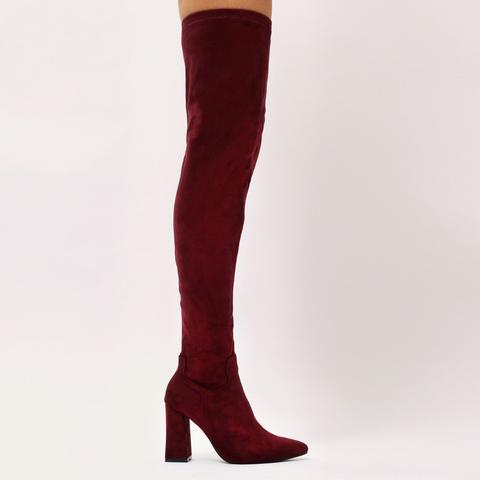 Rapture Over The Knee Boots In Burgundy Faux Suede