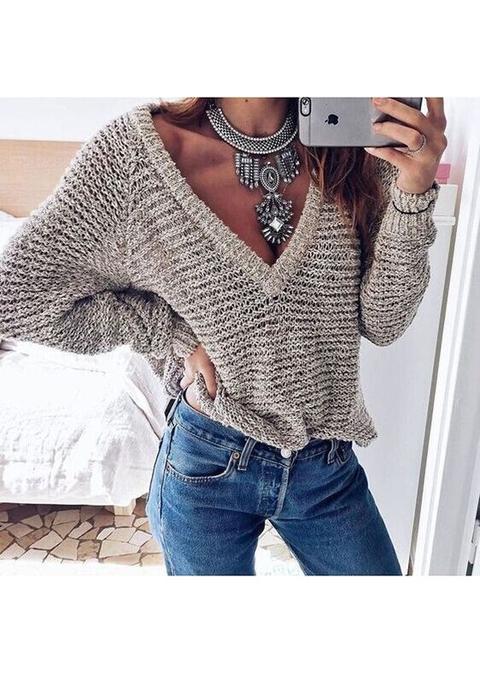 Pullover V-collo Manica Lunga Moda Grigio