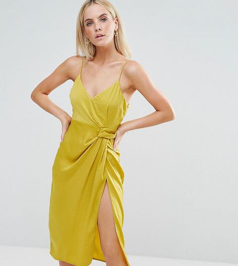 Asos Petite - Vestito Midi In Raso Martellato Con Spalline - Giallo