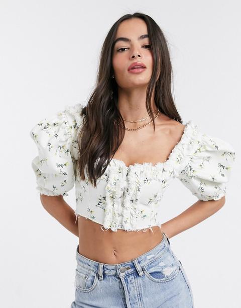 Asos Design Denim Floral Frill Top-white