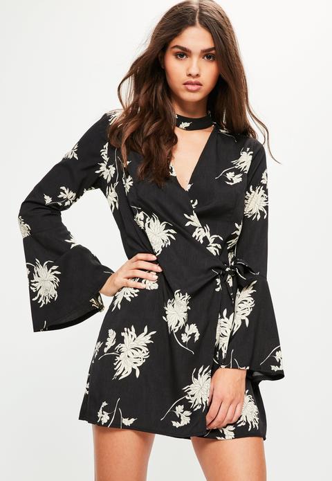 Black Floral Choker Neck Tie Side Dress