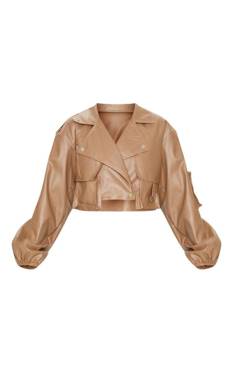 Tan Faux Leather Crop Biker Jacket