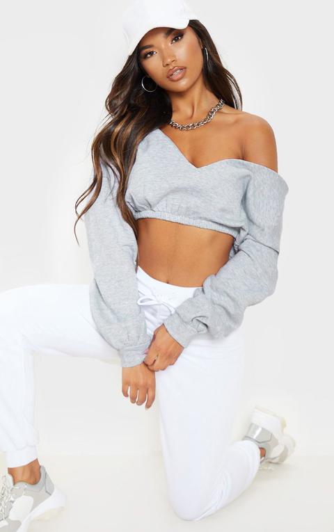 Grey Marl Crop Off Shoulder Sweater