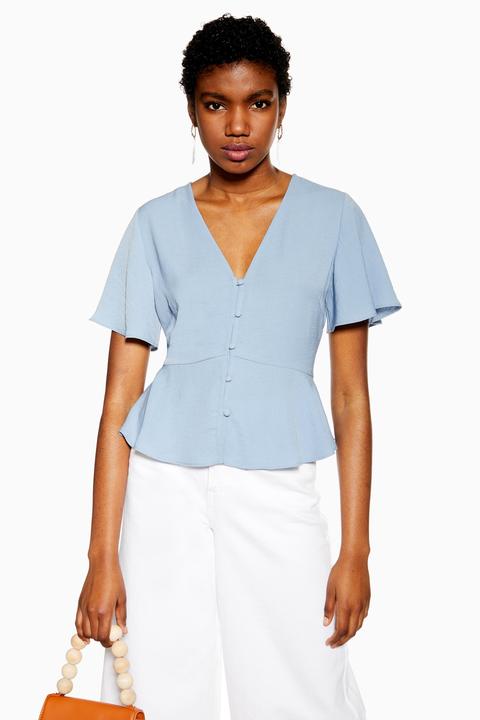 Womens Button Down Short Sleeve Blouse - Pale Blue, Pale Blue