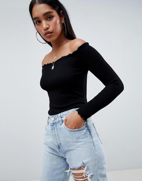 Asos Design - Body A Maniche Lunghe Con Spalle Scoperte E Bordi Ondulati - Nero