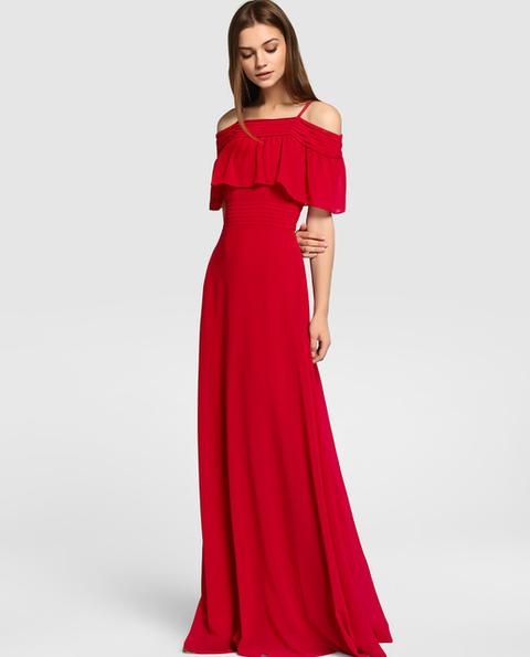 Vestido De Fiesta Mujer Con Jaretas Y Volantes Rojo